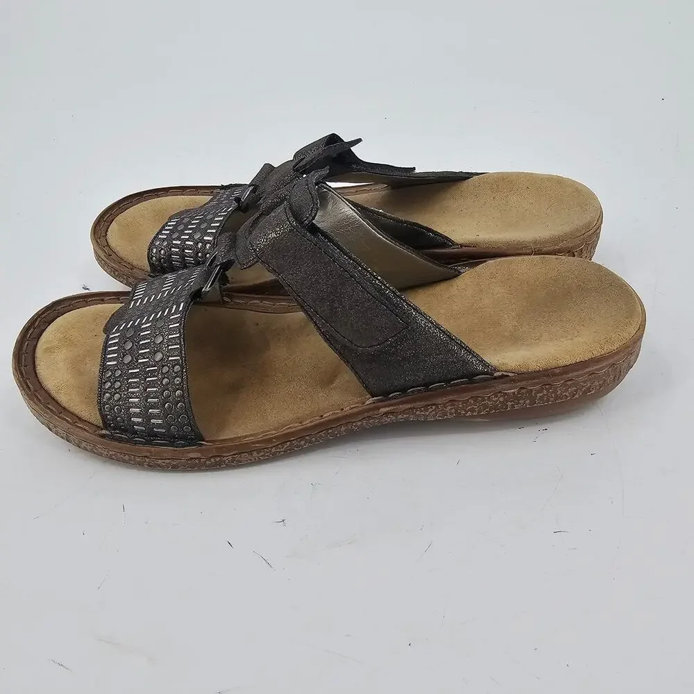 Rieker Regina Metallic Gray Leather Slide Sandal 62854-45 Women's EU 40 US 9.5